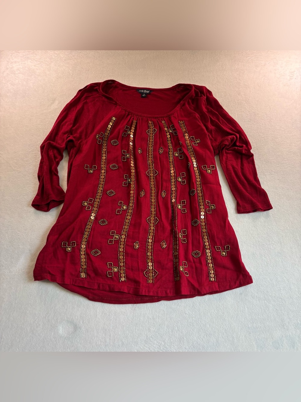 Lucky Brand Red Embellished Scoop Neck Top